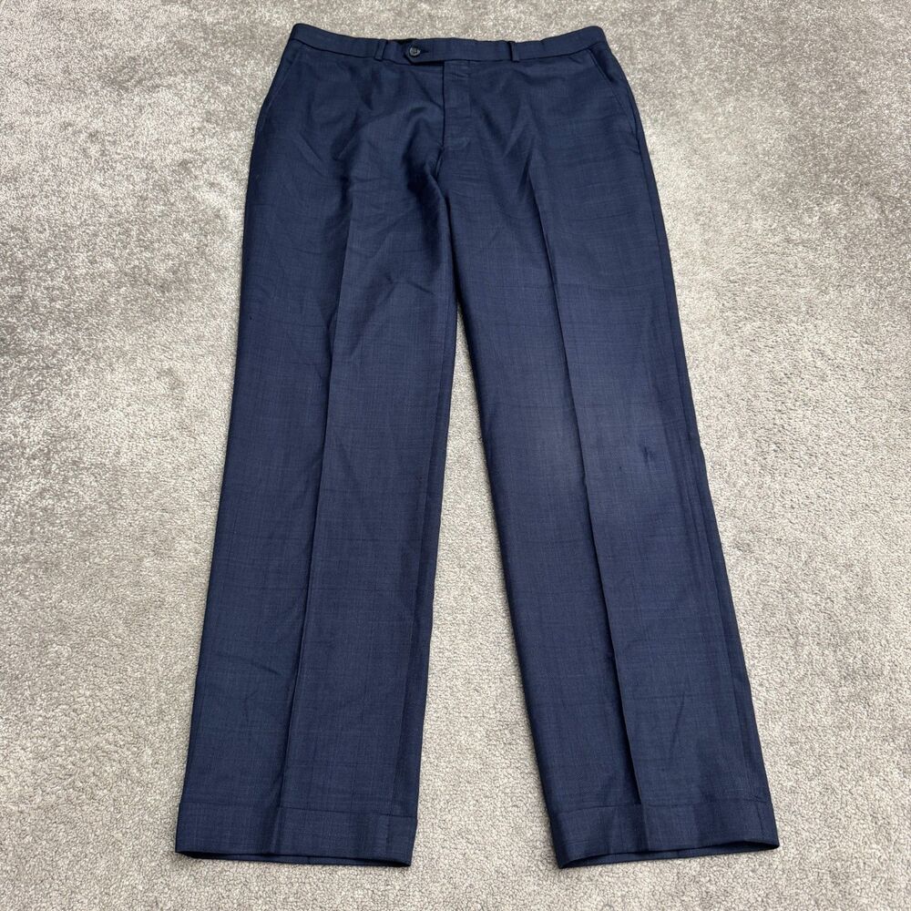 Unbranded Plaid 100% Wool Suit Dress Pants Mens 36x30 Blue Cuffed Pleated Front